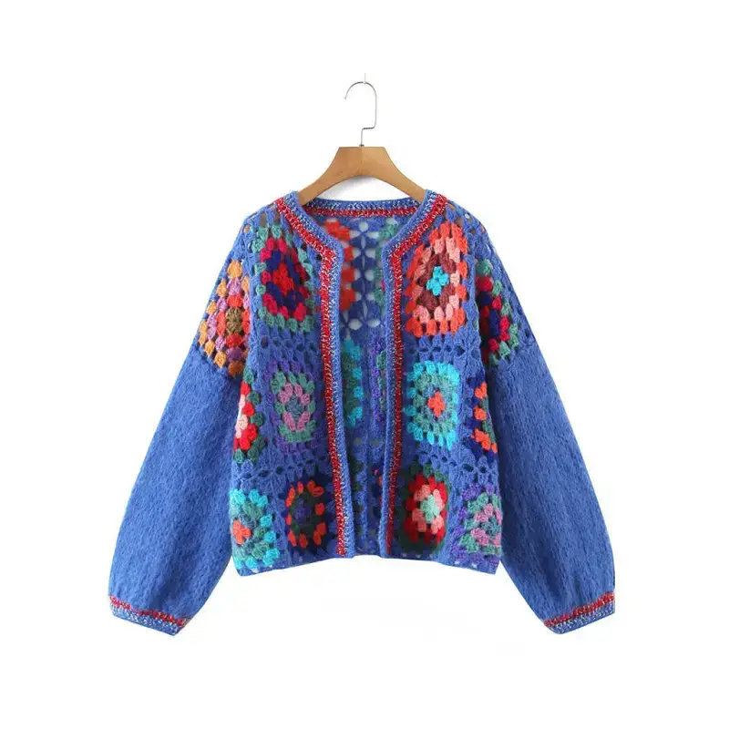 Women’s loose color block crochet cardigan Solid Color Striped Floral Print