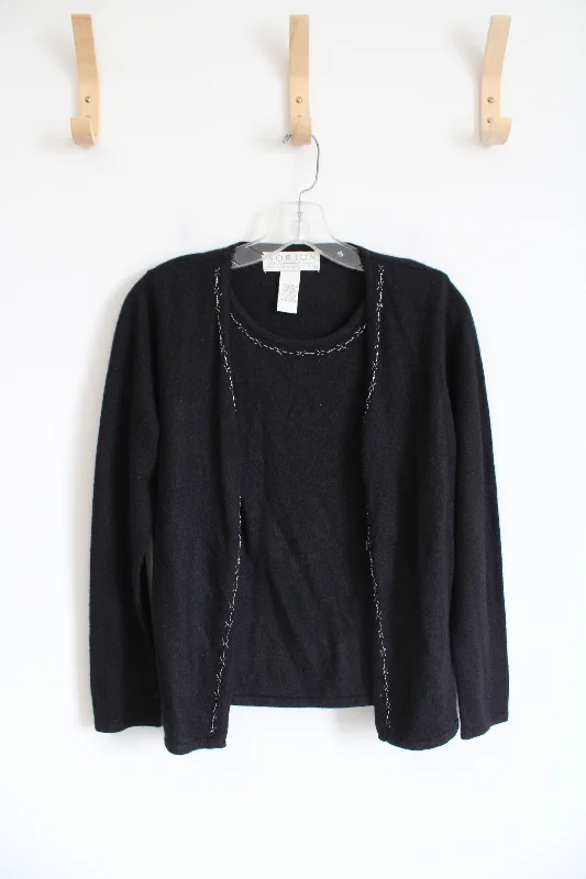 Norton McNaughton Black Soft Beaded Connected Cardigan & Top Set | S Fitted Loose Oversized