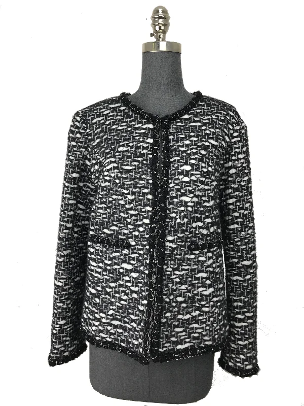 Chanel Wool Jacquard Jewel Neckline Jacket Size M Zip Front Button Front Snap Front