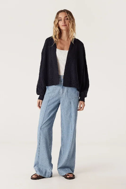 Riviera Cable Knit Cardigan - Navy Toggled Drawstring Belted