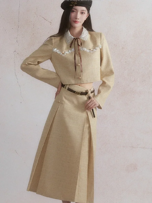 Vintage Prairie Chic Crop Jacket and A-Line Midi Skirt Set - Golden Wheat Denim Fabric Leather Fabric Suede Fabric