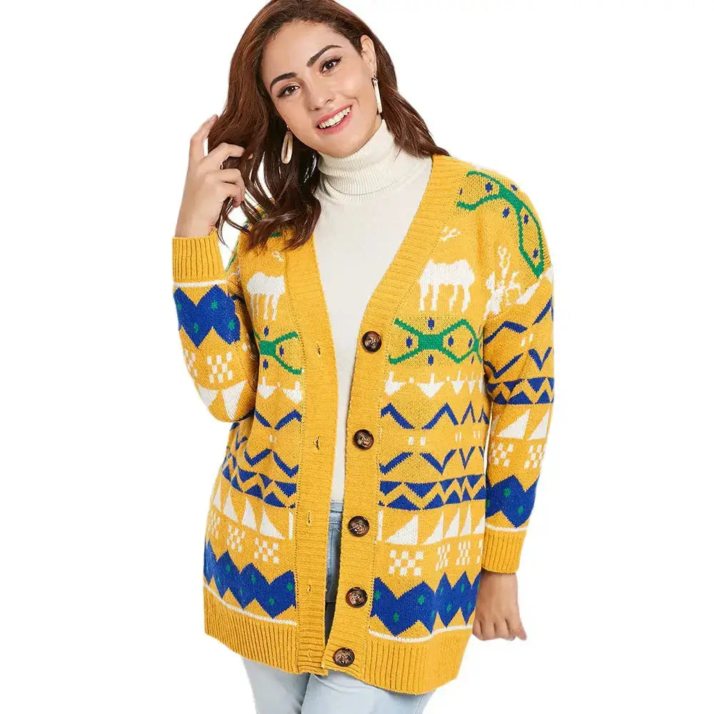 Plus size elk print christmas button cardigan Cable Knit Ribbed Knit Lace Knit