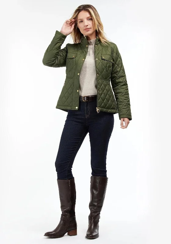 Barbour Womens Broxfield Quilted Jacket, Olive Green Snapped Jacket Toggled Jacket Drawstring Jacket