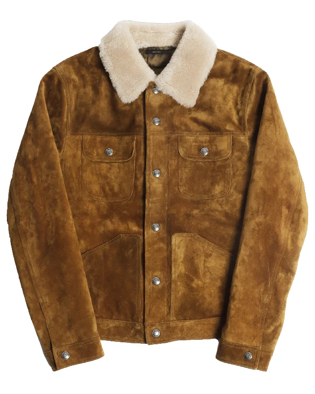 Brown Suede Shearling Trimmed Trucker Jacket Tiered Jacket Buttoned Jacket Zippered Jacket