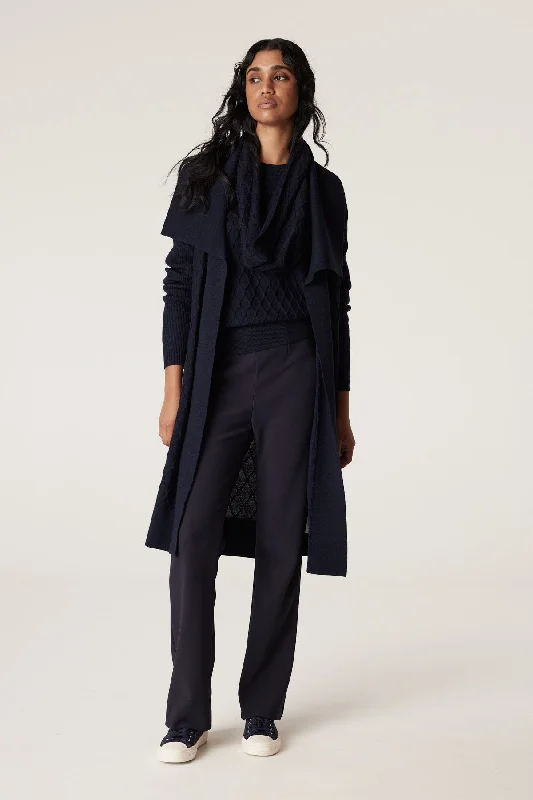 Merino Long Wrap Cardigan - Ink Navy Houndstooth Herringbone Solid