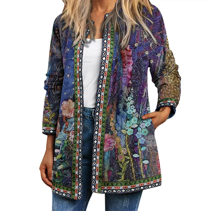 Women's Printed Long-sleeved Coat Cardigan Neon metallic Matte