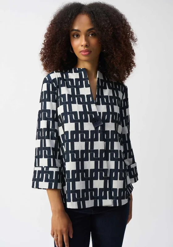 Joseph Ribkoff Geometric Jacquard Jacket, Navy Front Pockets Side Pockets Patch Pockets