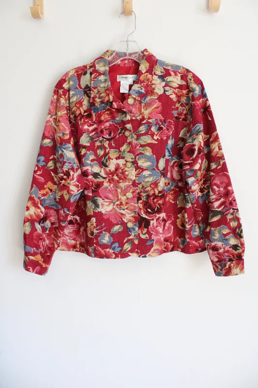 Coldwater Creek Red Floral Light Jacket | XL Petite Corduroy Jacket Velvet Jacket Brocade Jacket