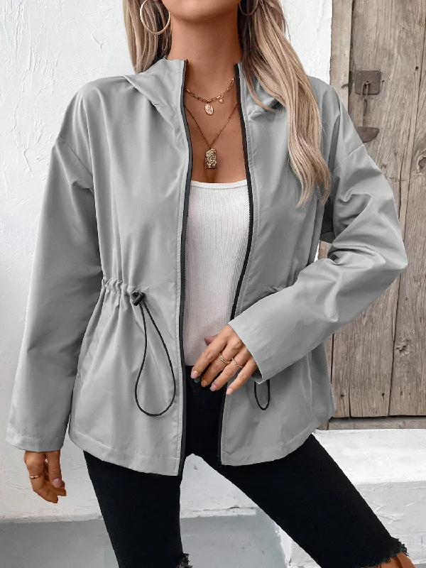 Ivy Lane Drawstring Zip Up Hooded Jacket Notch Collar Jacket Peter Pan Collar Jacket Cowl Neck Jacket