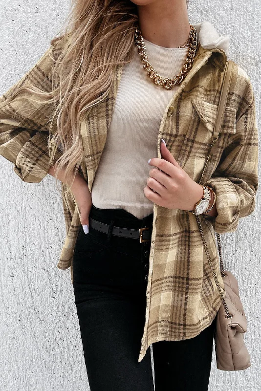 Fable & Fringe Plaid Button Up Hooded Overjacket One-Shoulder Jacket Off-the-Shoulder Jacket Asymmetrical Jacket