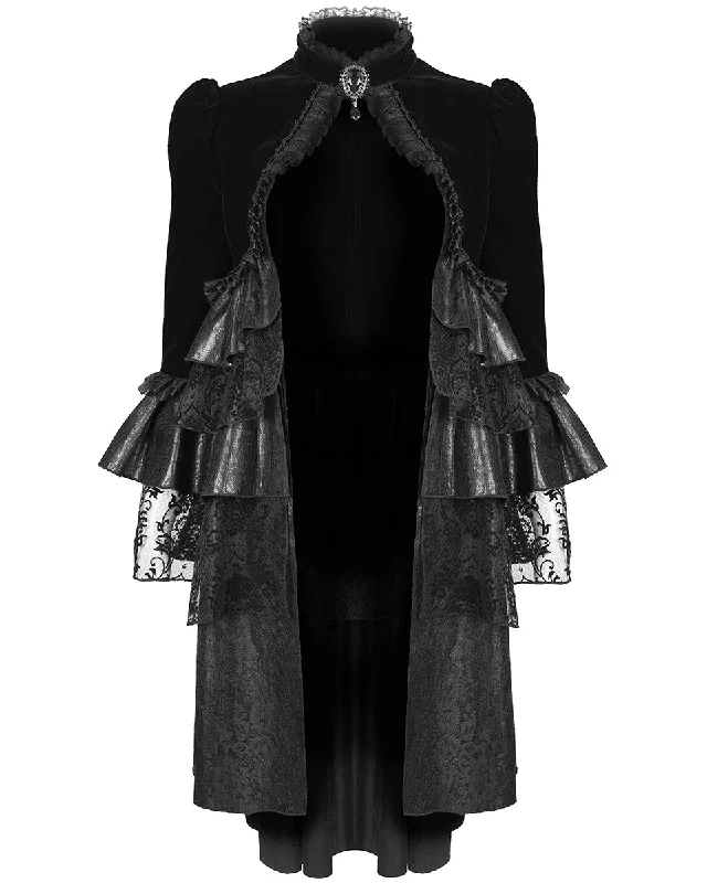 Devil Fashion Womens Gorgeous Gothic Aristocrat Velvet & Lace Frock Jacket Oversized Jacket Tailored Jacket Straight Jacket