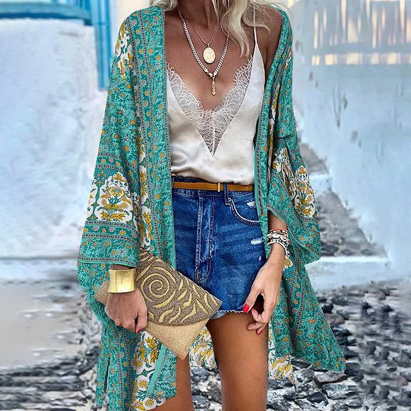 Women Cardigan Summer Open Front Bohemian Floral Printed Blouse Kimono Casual Loose Beach Tops Vintage Long Sleeve Tailored Straight A-Line