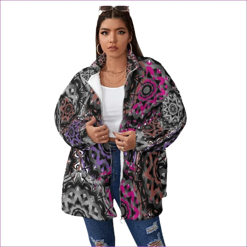 Mandala Graffiti Womens Borg Fleece Stand-up Collar Coat With Zipper Closure (Plus Size) Thick Layered Jacket