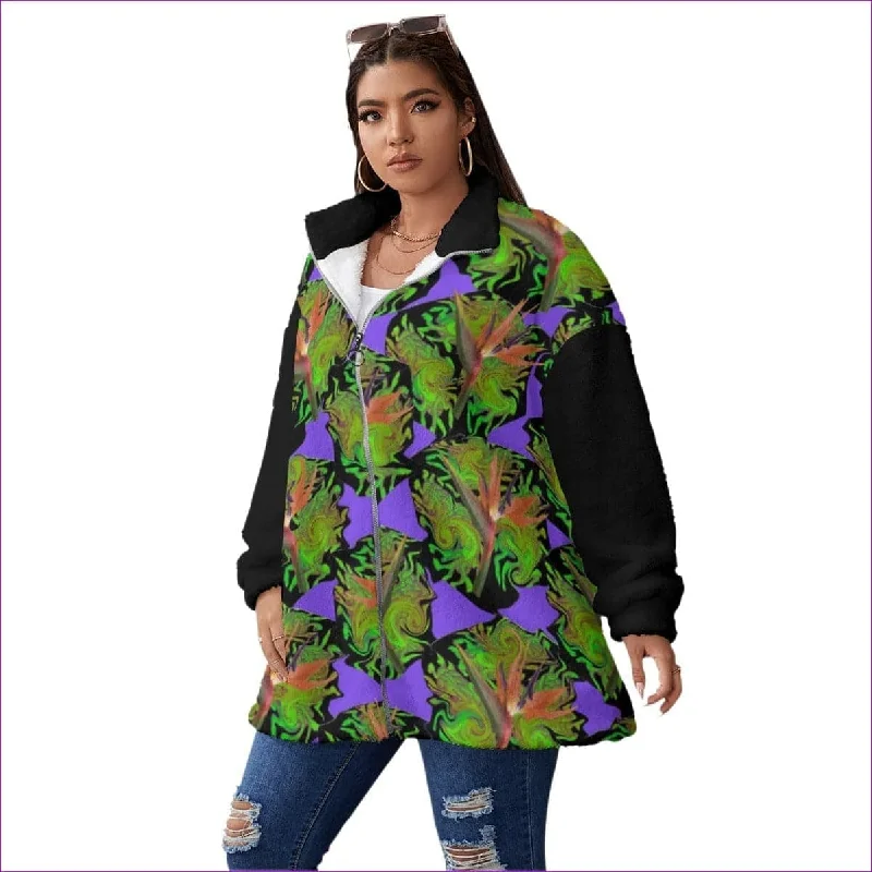 Psychedelic Paradise Womens Borg Fleece Stand-up Collar Coat With Zipper Closure (Plus Size) Military-Inspired Jacket