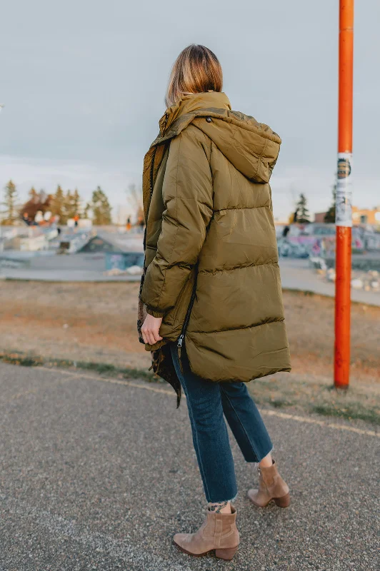 The Kae Puffer Coat - Olive Checkered Wool Shacket