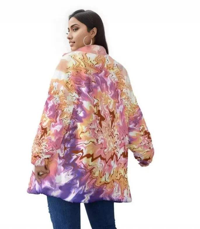 Tie-Dye Women's Block Borg Stand-up Collar Coat With Zipper Voluptuous (+) Plus Size Bold Color Block Coat