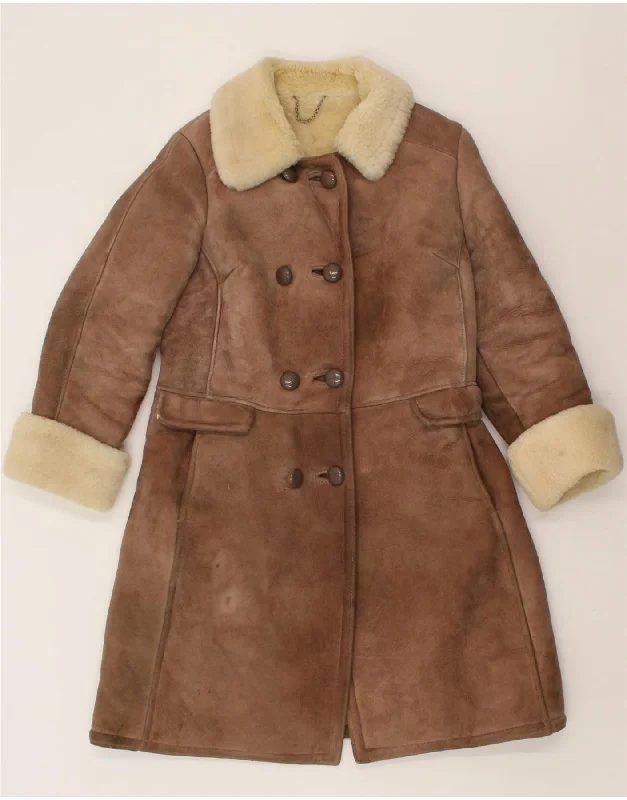 VINTAGE Womens Shearling Coat UK 10 Small Brown Shearling Insulated Snow Jacket