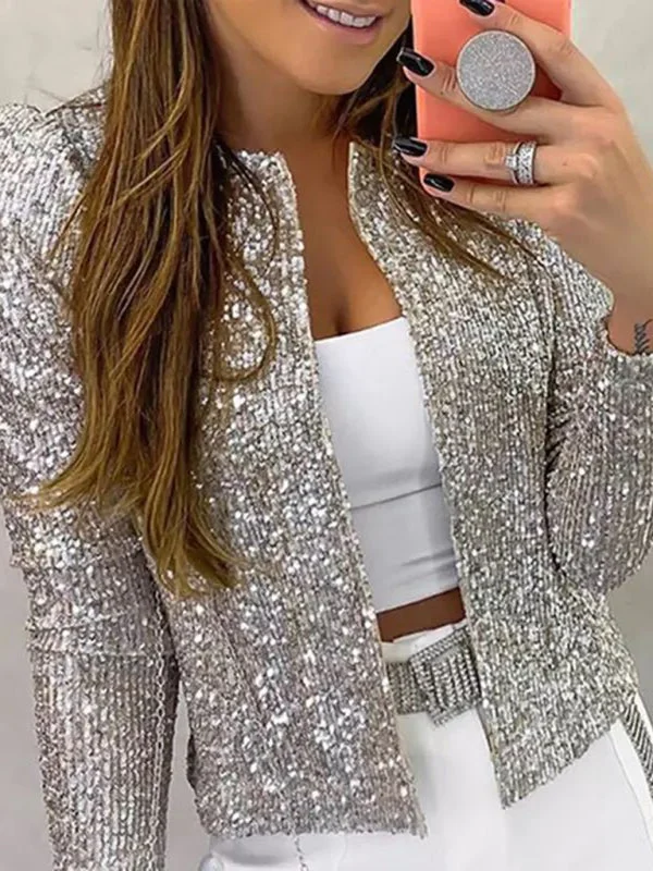 Women's Fashion Round Neck Solid Color Sequined Short Coat Boho Fringe Cardigan