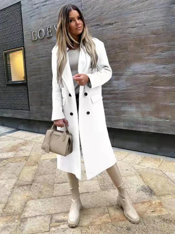 Women's Long Sleeve Suit Collar Double Breasted Woolen Coat Fur-Trimmed Winter Coat