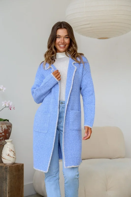 Blanket Stitch Coatigan - Blue/Natural $50 Vegan Leather Trench