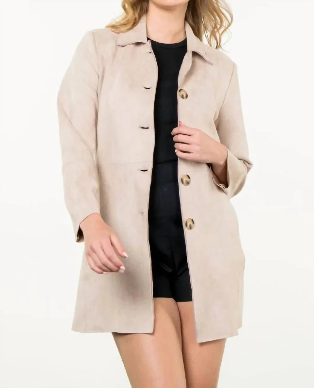 Button Up Suede Coat In Cream Thick Layered Jacket