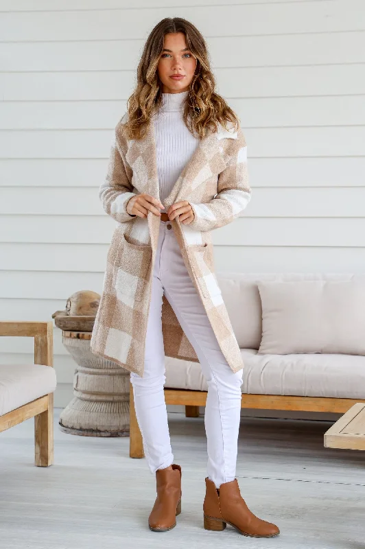 Checked Coatigans - Latte/White Puff Sleeve Overcoat