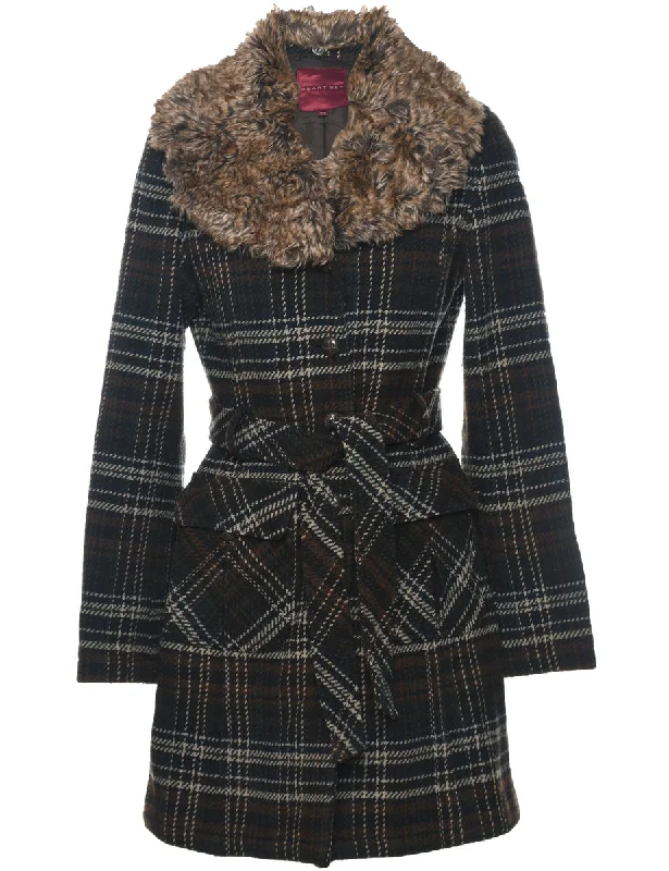 Checked Fur Collar Coat - S Polished Tailored Coat