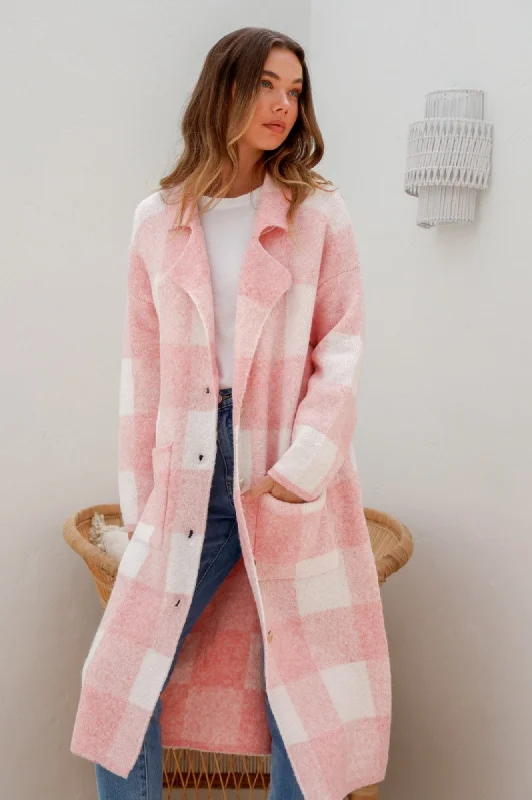 Checked Long Buttoned Coatigans - Blush/White Chic Oversized Blazer