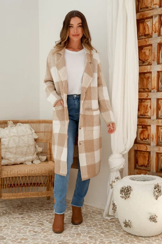 Checked Long Buttoned Coatigans - Latte/White Casual Open-Front Coat