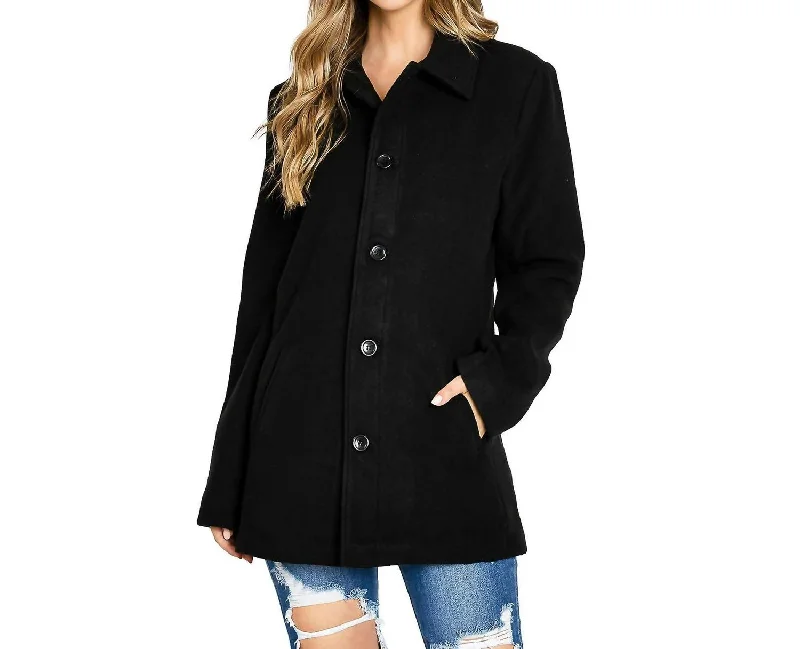 Classic Warm Fleece Midi Car Coat In Black Insulated Snow Jacket