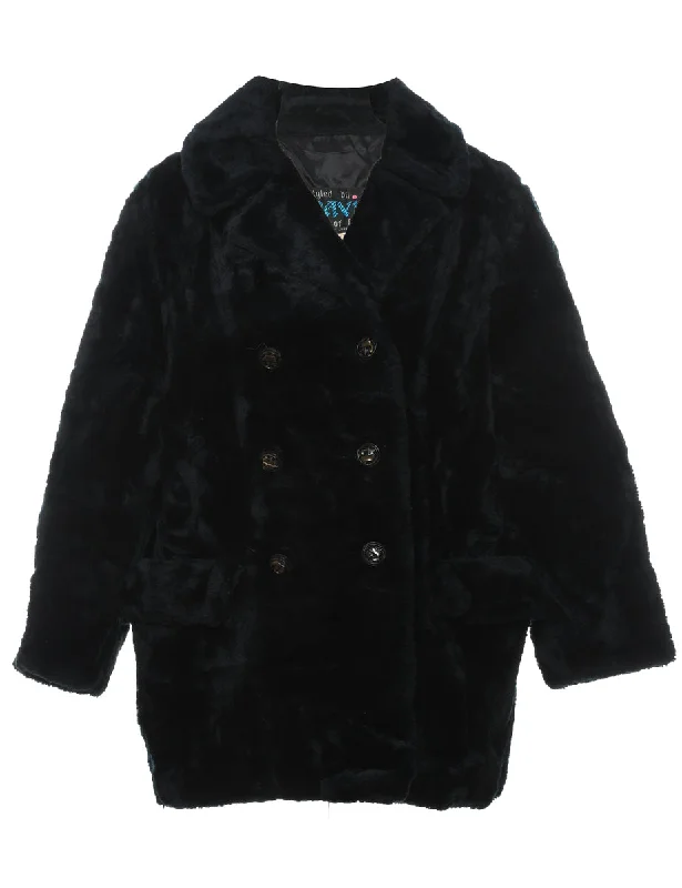 Double Breasted Classic Black Faux Fur Coat - L Zipper Front Biker Jacket