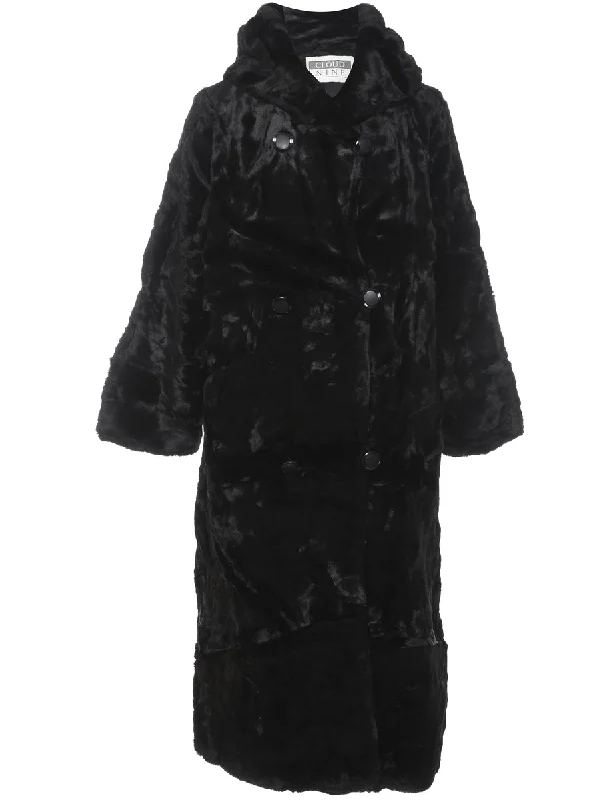 Double Breasted Long Black Faux Fur Coat - L Modern Asymmetric Coat