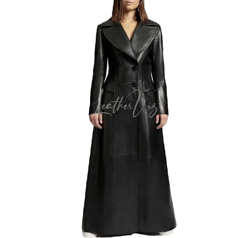 DOUBLE BREASTED WIDE COLLAR WOMEN LEATHER TRENCH COATS Fur-Lined Aviator Coat