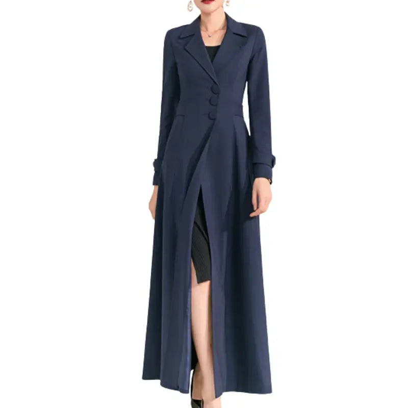 Navy Blue Long Full Length Wool Coat Waterproof Rain Jacket