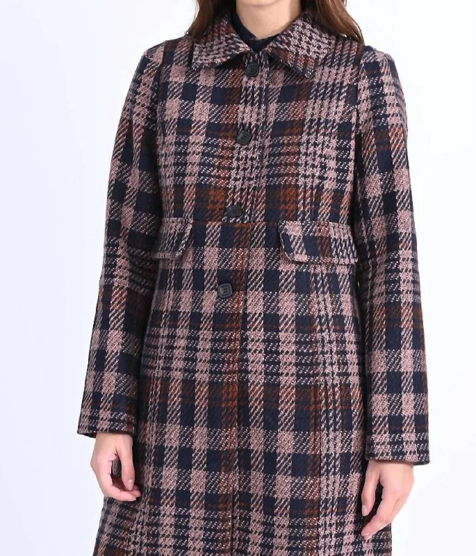 Plaid Pattern Coat In Navy Multi Collared Pea Coat