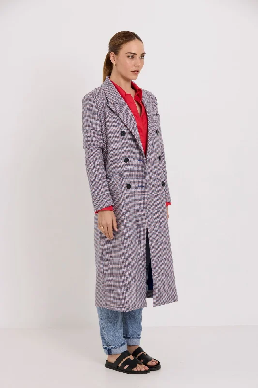 Tuesday Label Fox Coat - Box Check Buttoned Peplum Coat