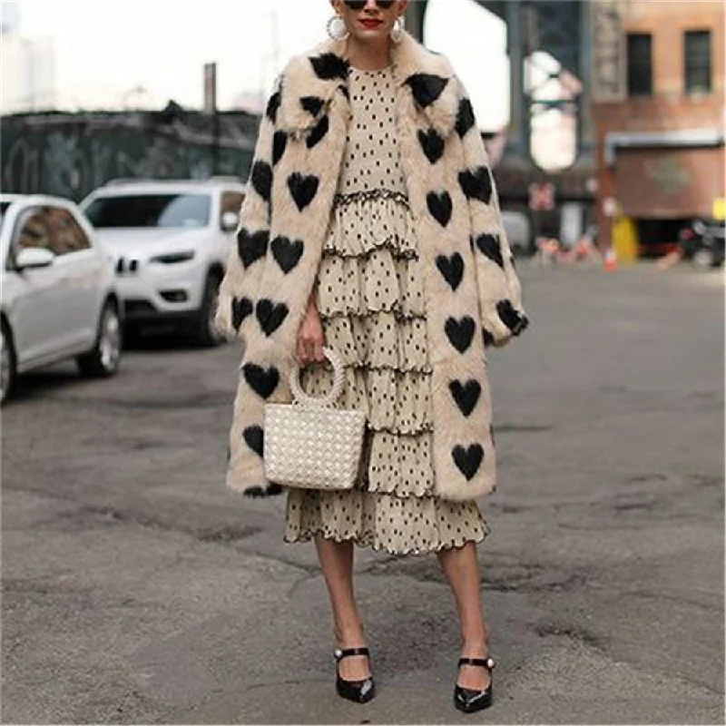 Winter Women Warm Faux Fur Long Coat Love Pattern Turn Down Collar Plush Classic Coat Luxe Satin Long Coat