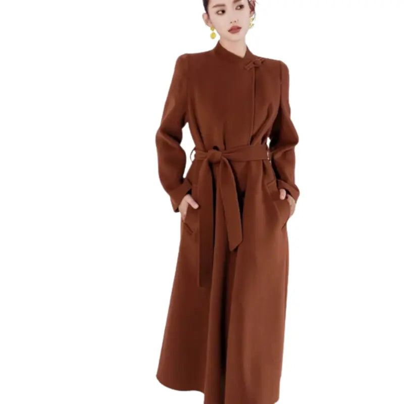 Women Brown Wool Belt Coat Fitted Tailored Blazer