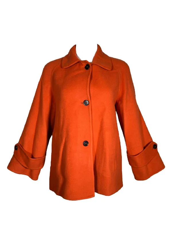 Women Double Faced Wool Coat In Persimmon Ruched Sleeve Blazer