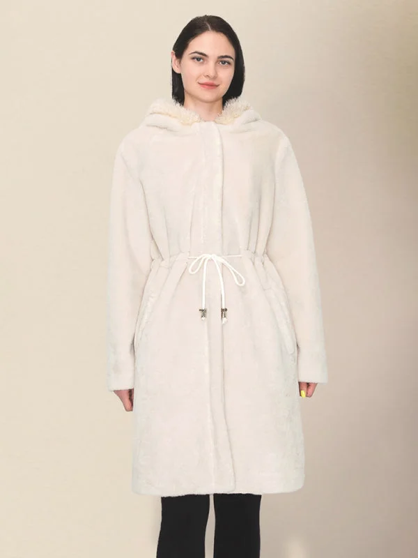 Women's loose hooded waist long plush coat Puff Sleeve Blazer