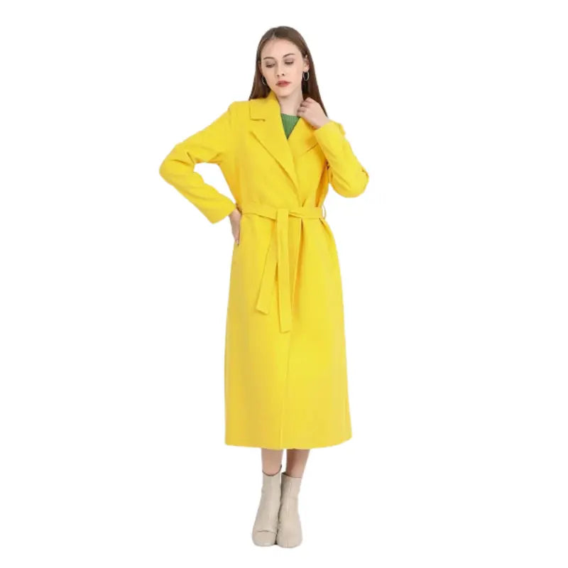 Yellow Wool Coat with Belt for Women Hooded Parka Coat