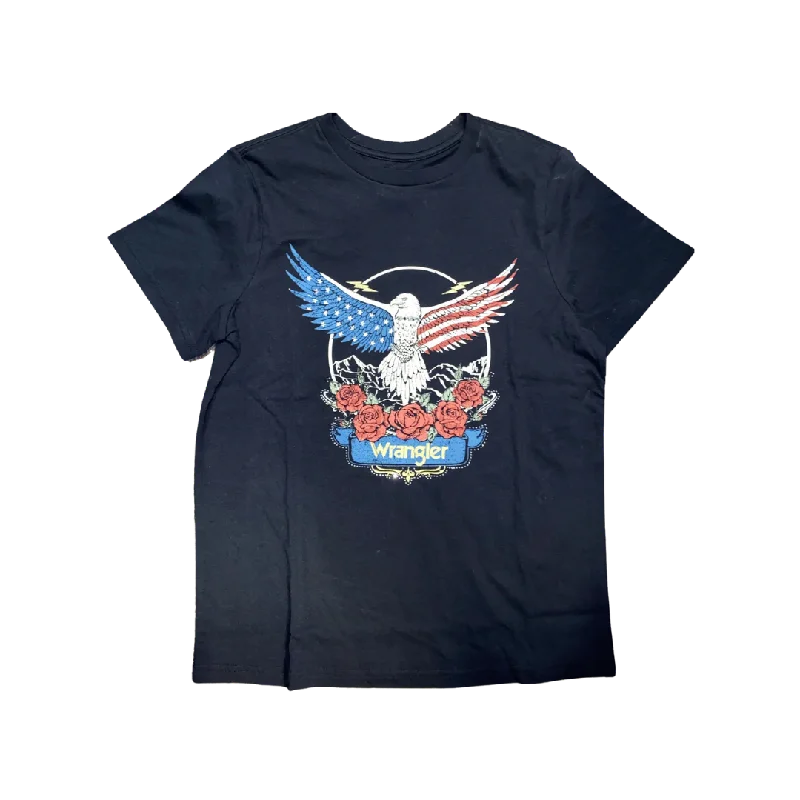 Wrangler Women's American Flag Eagle Black Tee Shirt Boxy Fit Fitted Loose