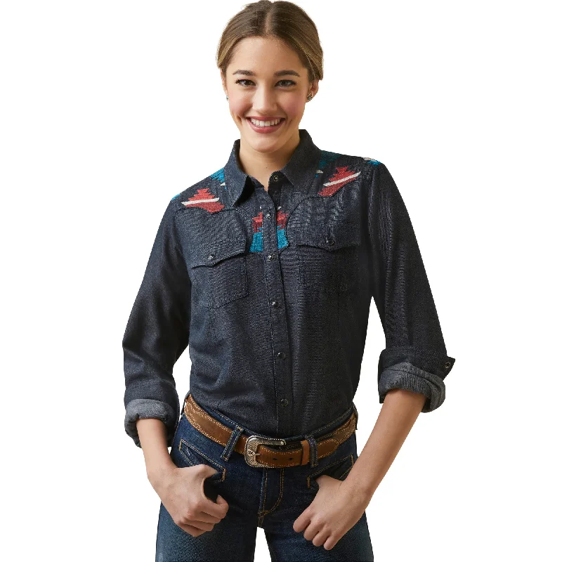 Ariat Ladies Dutton Western Rinsed Denim Button Down Shirt 10046312 Mesh Blend Leather Blend Suede Blend