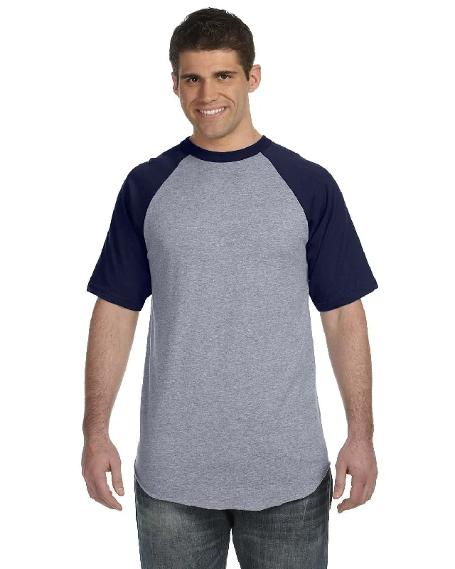 Augusta 50/50 Short Sleeve Raglan T-Shirt | Ath Hthr/ Navy Zippered Buttoned Snapped