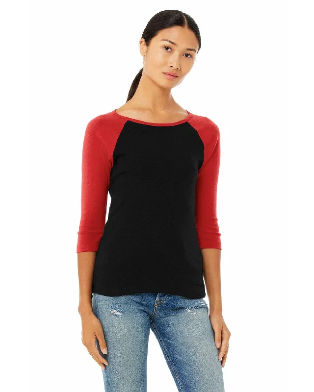 Bella+Canvas Ladies Baseball Tee | Black/ Red Welt Pockets Slit Pockets Flap Pockets