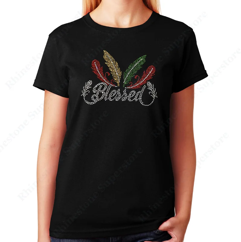 Women's / Unisex T-Shirt with Blessed with Colorful Feathers in Rhinestones Notch Collar Peter Pan Collar Cowl Neck