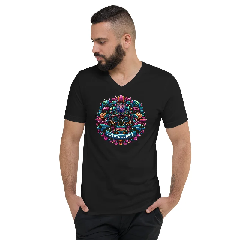 Crypto Junkie Mexican Sugar Skull Bitcoin Digital Asset Short Sleeve V-Neck T-Shirt Print Jacquard Patchwork