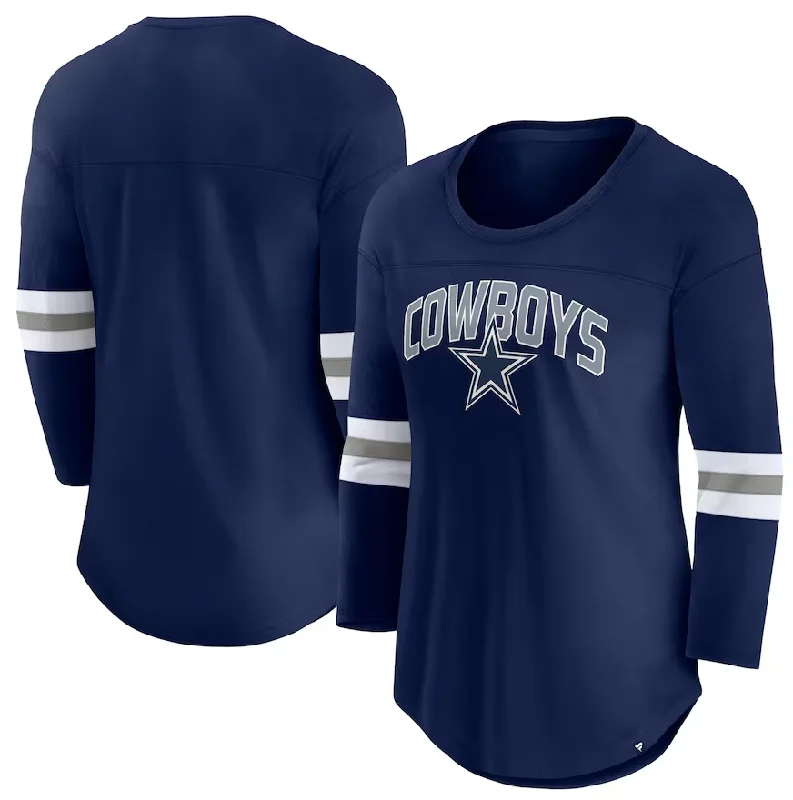 Dallas Cowboys Fanatics Women's First Team Arch Logo 3/4 Sleeve T-Shirt - Navy Print Jacquard Patchwork