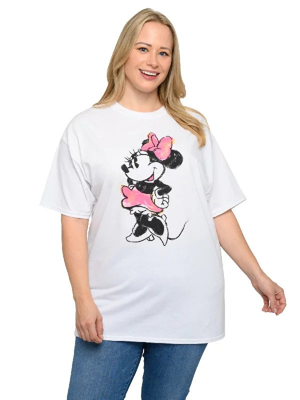 Women's Plus Size Minnie Mouse T-Shirt Sketch Art Disney White Tee Ribbed Striped Patterned