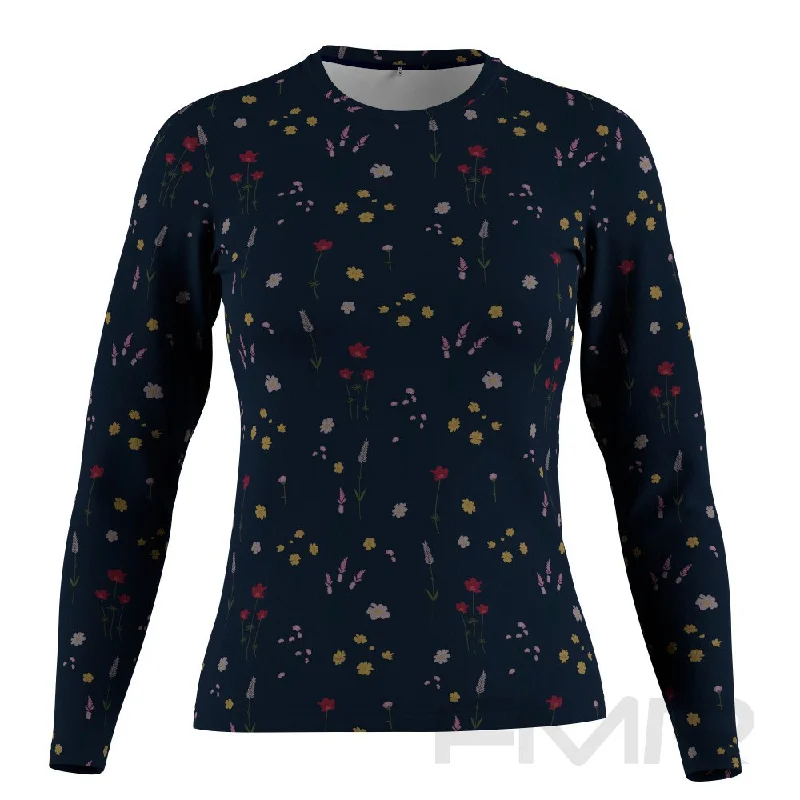 FMR Women's Floral Print Long Sleeve Running Shirt Collared Crew Neck Turtle Neck